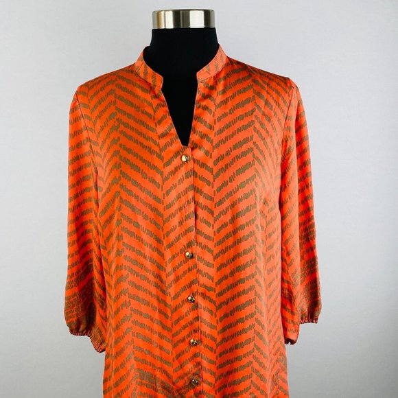 Liz Claiborne Womens XS Polyester Orange Taupe Zig Zag Print Button Down Shirt - Picture 2 of 7